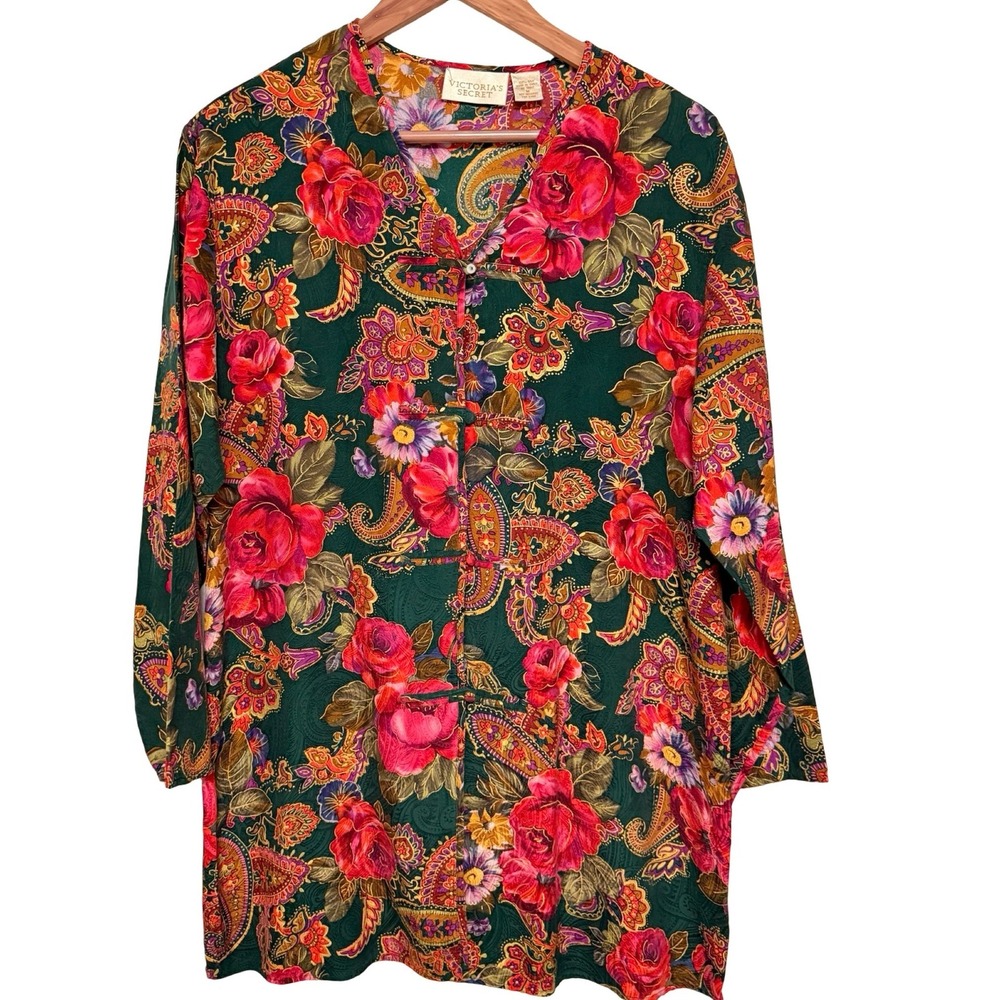 Vintage 90s Victoria's Secret Gold Label 100% Silk Floral Paisley Pajama Dress M
